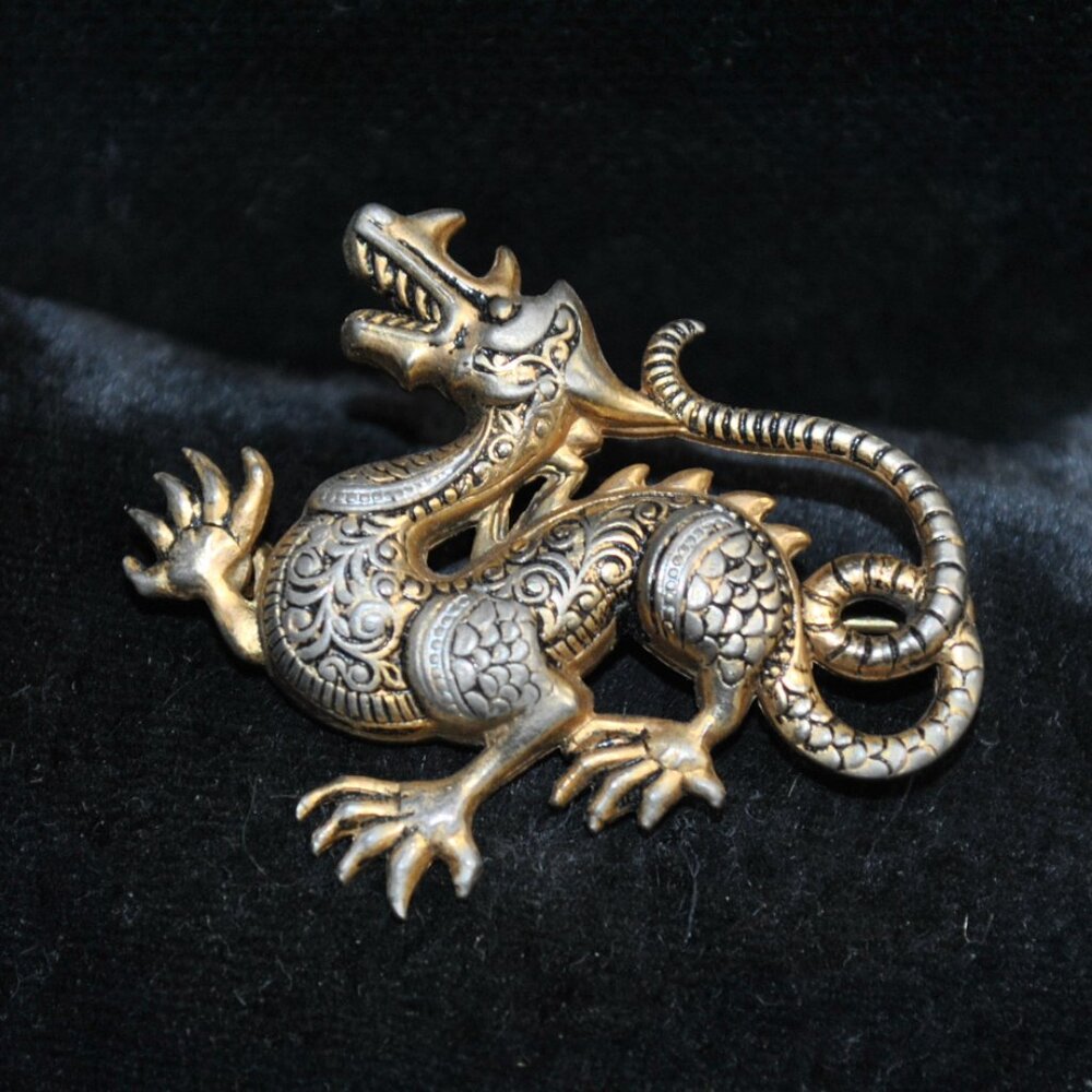 Vintage Spanish Damascene Dragon Brooch Signed Spain